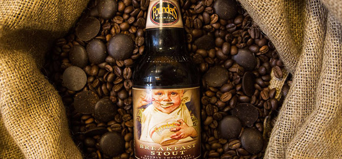 Breakfast Stout bottle on coffee beans