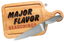 Major Flavor Seasonings in containers and on a wooden spoon