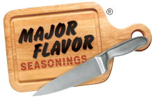 Major Flavor Seasonings brand Major Flavor Seasonings in containers and on a wooden spoon
