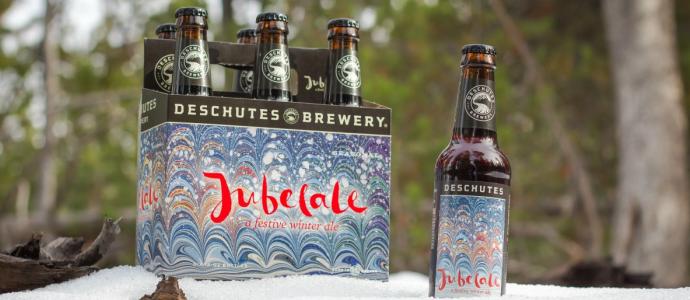 six pack of Deschutes Jubelale in snow